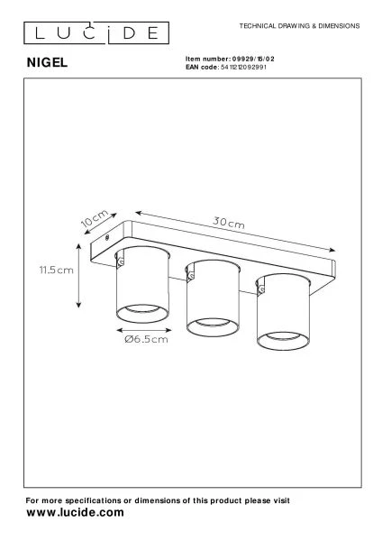 Lucide NIGEL - Ceiling spotlight - LED Dim to warm - GU10 - 3x5W 2200K/3000K - Matt Gold / Brass - technical